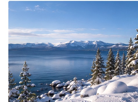 Lake Tahoe surrounded by snow-covered mountains and pines in winter